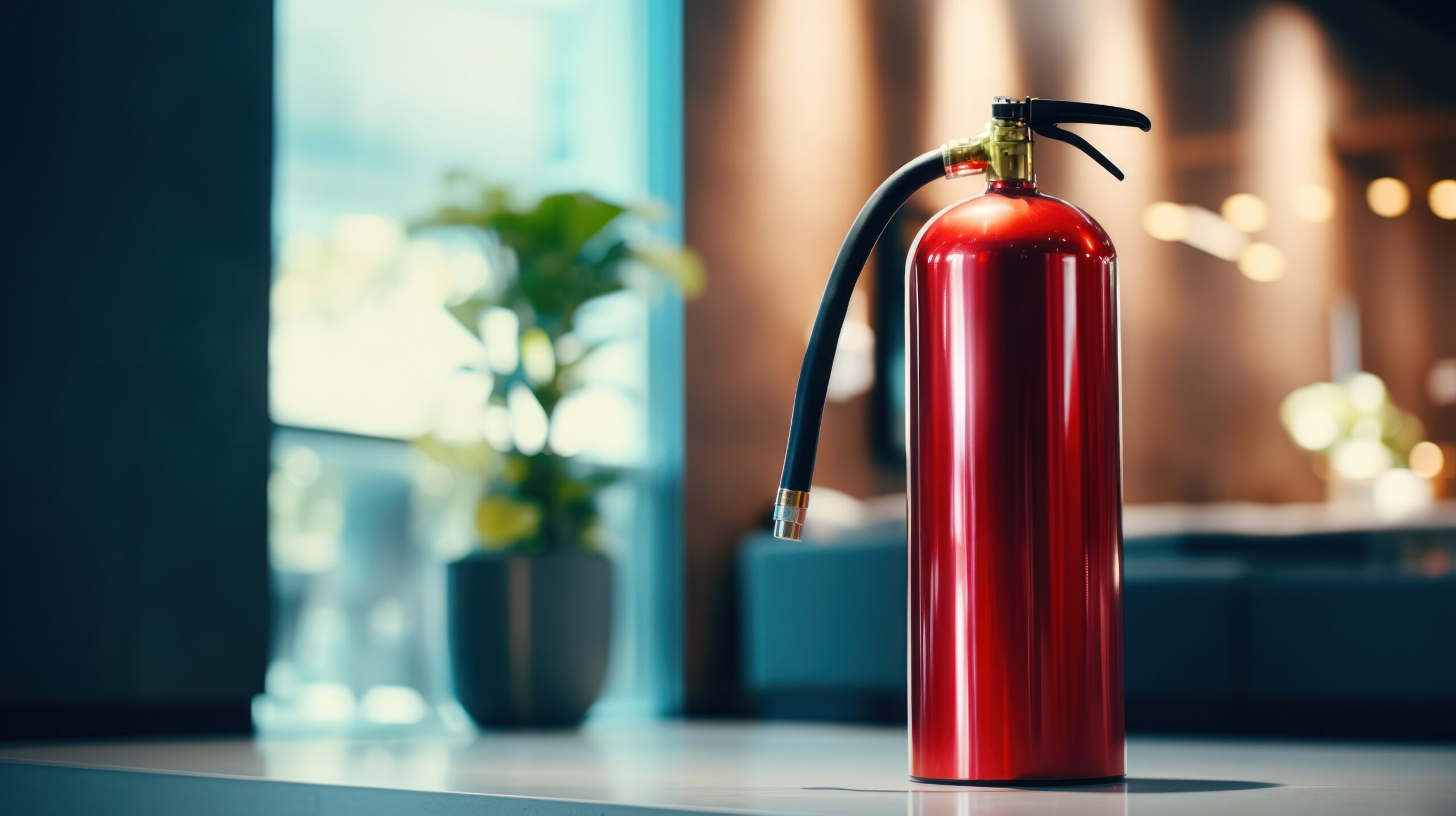 Fire extinguisher mounted on a wall in a modern and elegant inte Fire extinguisher mounted on a wall in a modern and elegant interior